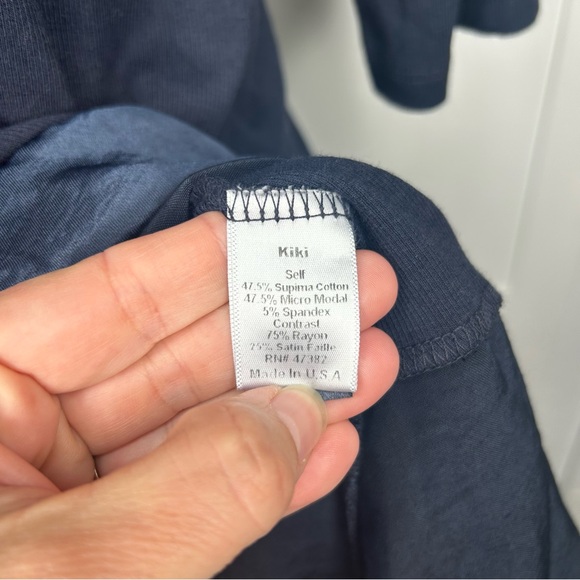 PJ Harlow Kiki Navy Rib Knit Top Size Large Cotton Blend Swing Satin Trim  USA - Picture 7 of 7